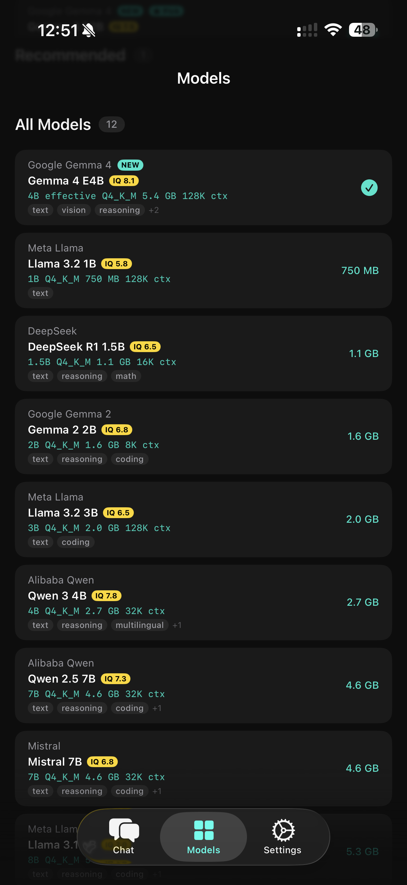 SoloLLM model catalog showing 12 models including Gemma 4 E4B, Llama 3.2, DeepSeek R1, Qwen 3, and Mistral 7B with download sizes on iPhone