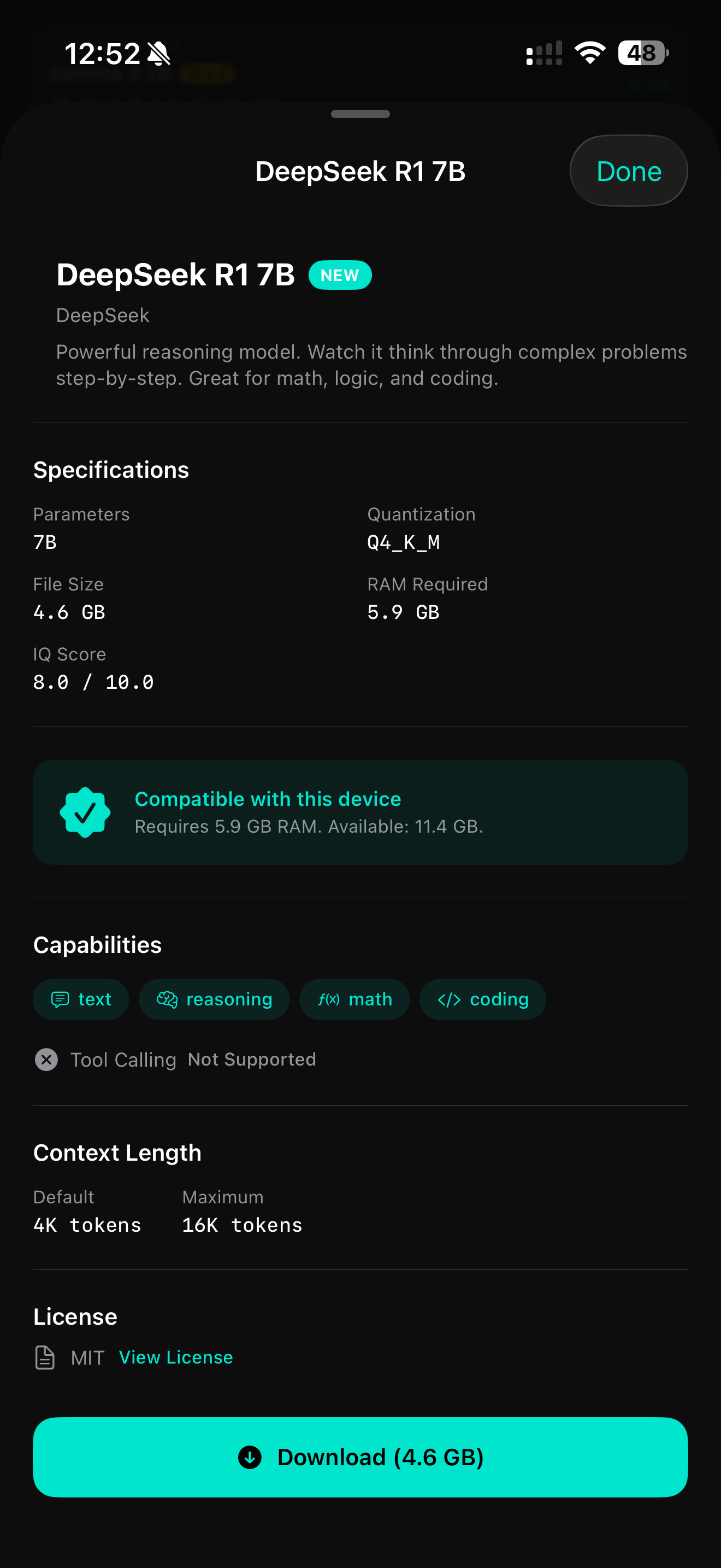 SoloLLM DeepSeek R1 7B model detail screen showing specifications, compatibility check, capabilities, and download button on iPhone