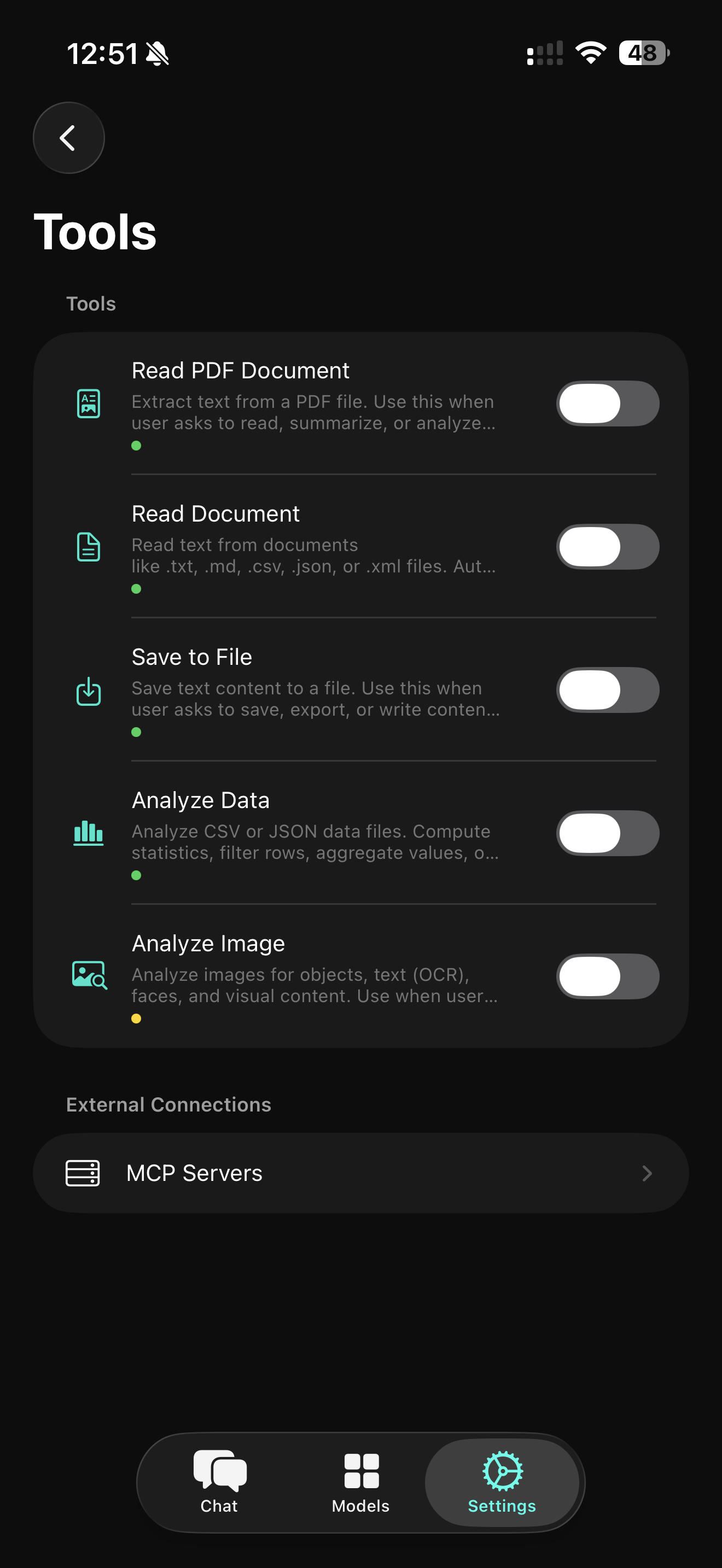 SoloLLM tools settings screen showing PDF reader, document reader, save to file, data analyzer, and image analyzer toggles with MCP servers on iPhone